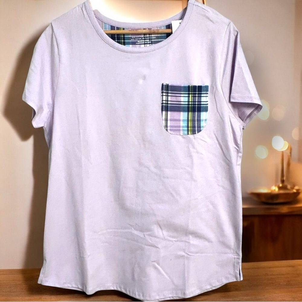 Vera Bradley Womens Lavender Purple Plaid Pocket Short Sleeve Tee Shirt Size M